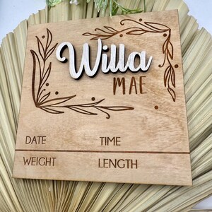 Floral Baby Name Sign: 3D Birch Wood Newborn Announcement