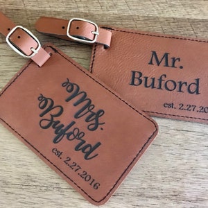 SALE Set of 2 Engraved luggage tags, leather luggage tag, wedding shower gift, leather tag, engraved leather tag, bride and groom gift