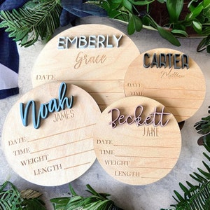 Panneau 3D nom de bébé : plaque de faire-part nouveau-né en bois de bouleau