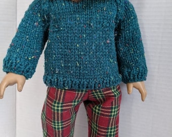 Hand Knit Sweater with Red Plaid or Teal Plaid Pants, to fit 18" Dolls including, American Girl, Maplelea, My Life and Journey Girl Dolls.