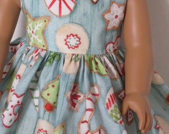 18" Doll Clothes and Accessories for American Girl, Maplelea, and My Life Dolls. Cute Christmas Dress with Candy Canes and Cookies all over.