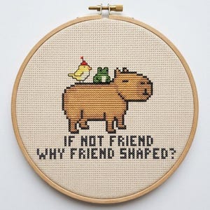 Puede incluir: Bordado de punto de cruz en un aro de madera con un carpincho marrón, un pájaro amarillo y una rana verde en la espalda. El texto "IF NOT FRIEND WHY FRIEND SHAPED?" está bordado debajo.