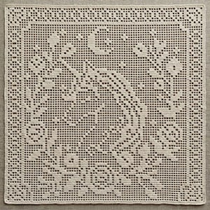 May include: Cream-colored, square crocheted doily with a detailed floral and geometric pattern. The openwork design features repeating floral motifs and a decorative border. The handmade piece is displayed on a neutral surface.