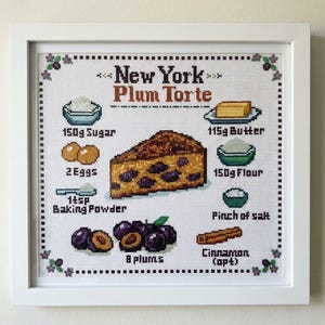 Recipe Cross Stitch Pattern, New York Plum Torte Sampler, Cute Kitchen Decor, Cross Stitch Kitchen Sampler, Adorable Kitchen Wall Art