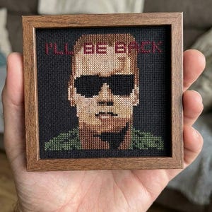 Cross Stitch Pattern – “I’ll Be Back” 80s Action Movie Inspired, Arnold Schwarzenegger Cross Stitch Pattern, 61×56 Stitches, Retro Movie