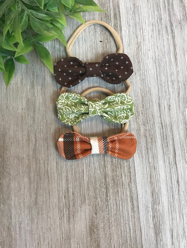 Headbands or Hair Clips in Brown and Orange Plaid Green Newborn Baby Bows