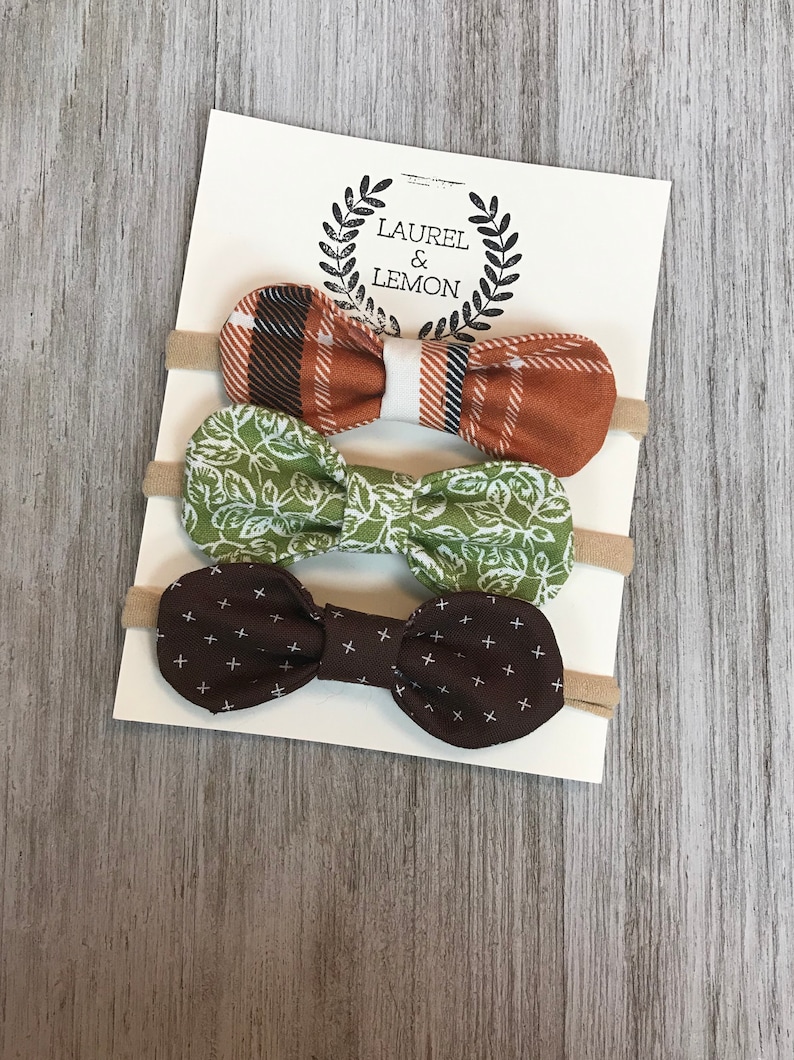 Headbands or Hair Clips in Brown and Orange Plaid Green Newborn Baby Bows