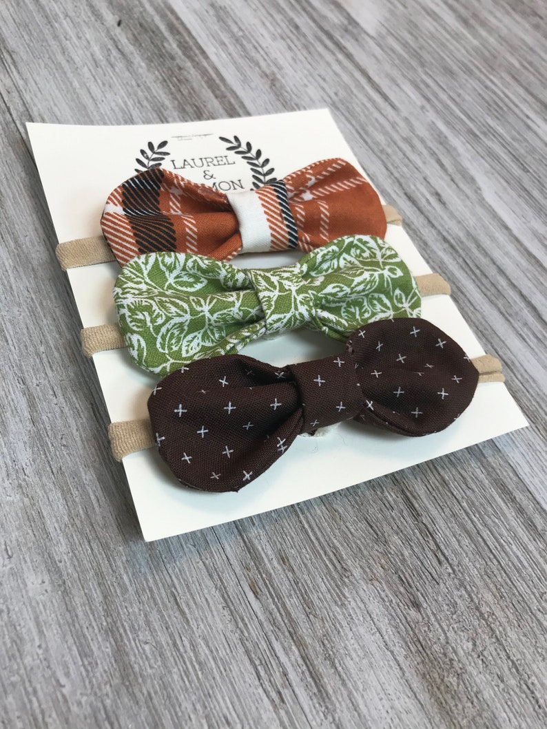 Headbands or Hair Clips in Brown and Orange Plaid Green Newborn Baby Bows