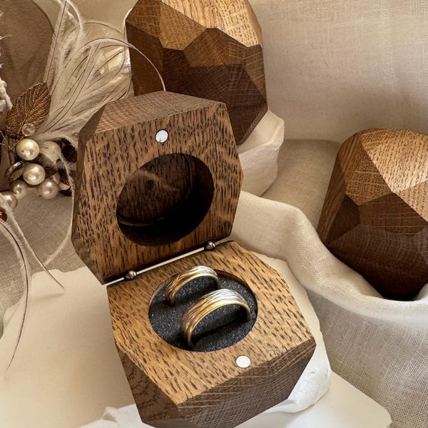 Handmade Oak Wood Double Ring Box: Rustic Wedding Ring Holder