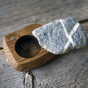 Rustic Oak Wood Ring Box with Baltic Sea Stone Lid