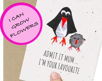 Eco friendly Mothers Day Card / Penguin / Mum / Mother / Mom / seeded / plantable