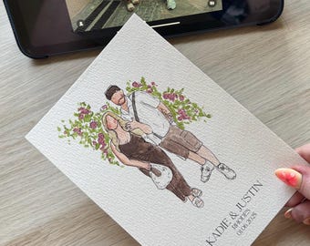 May include: Watercolor portrait of a couple, surrounded by floral accents. The artwork features the names "KADIE & JUSTIN" and the date "01.06.2025" in a delicate script. The couple is depicted in casual attire, with a soft color palette.