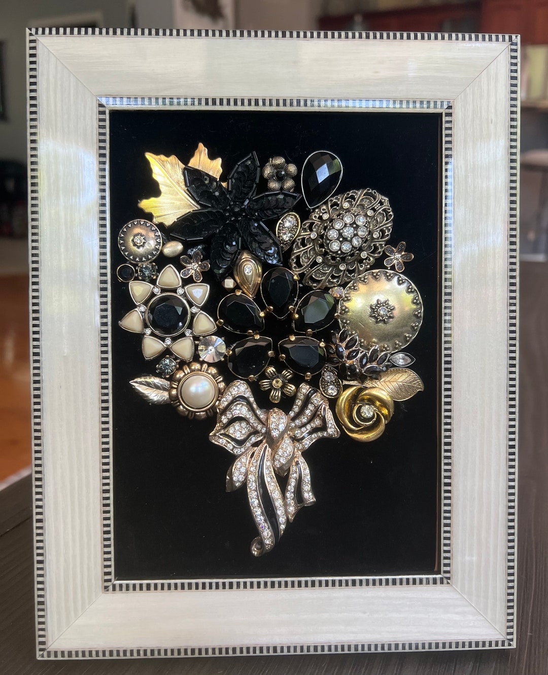 Gold and Black Flower Bouquet, Jewelry, Vintage, Frame, Art, Unique