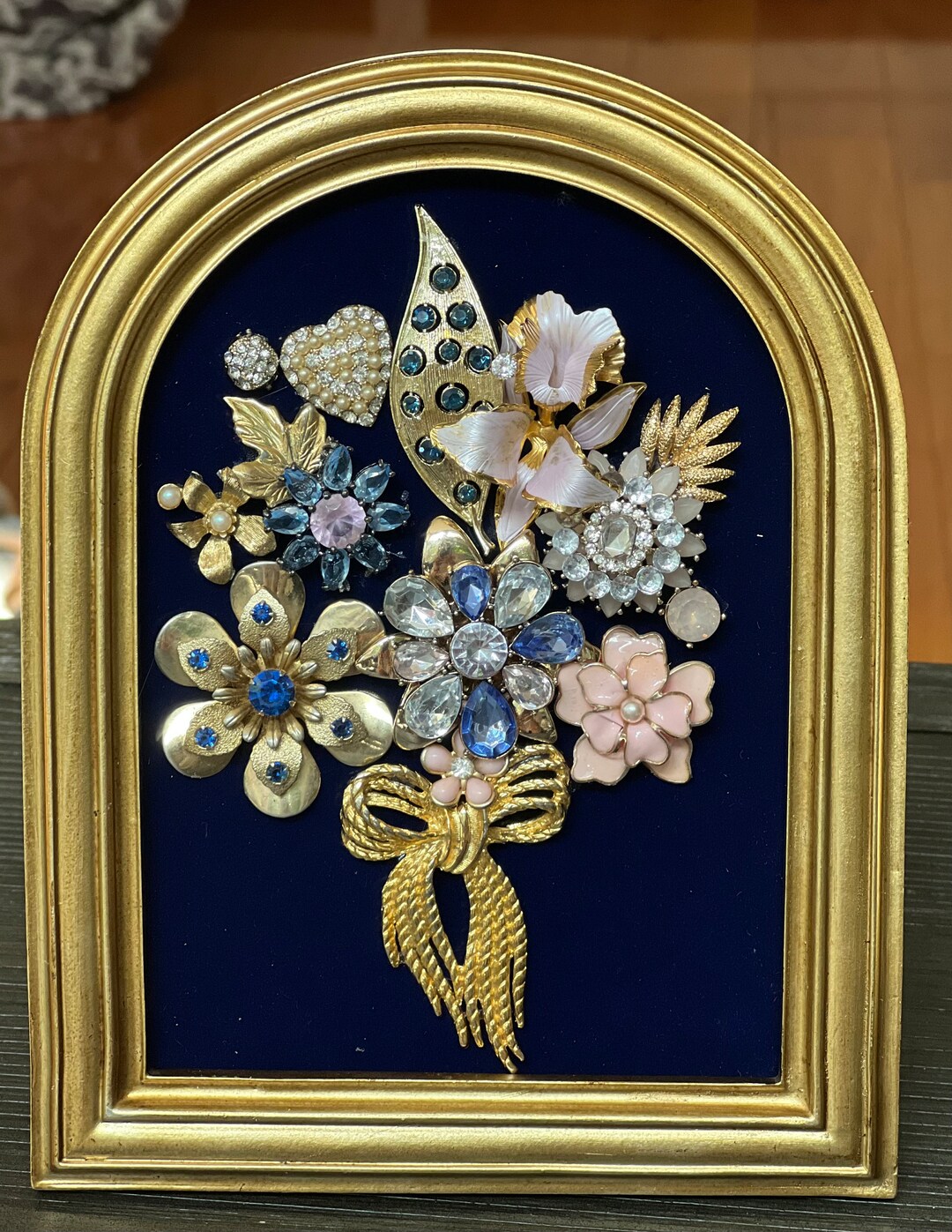 Blue, Pink and Gold Flower Bouquet, Jewelry, Vintage, Unique Frame, Art