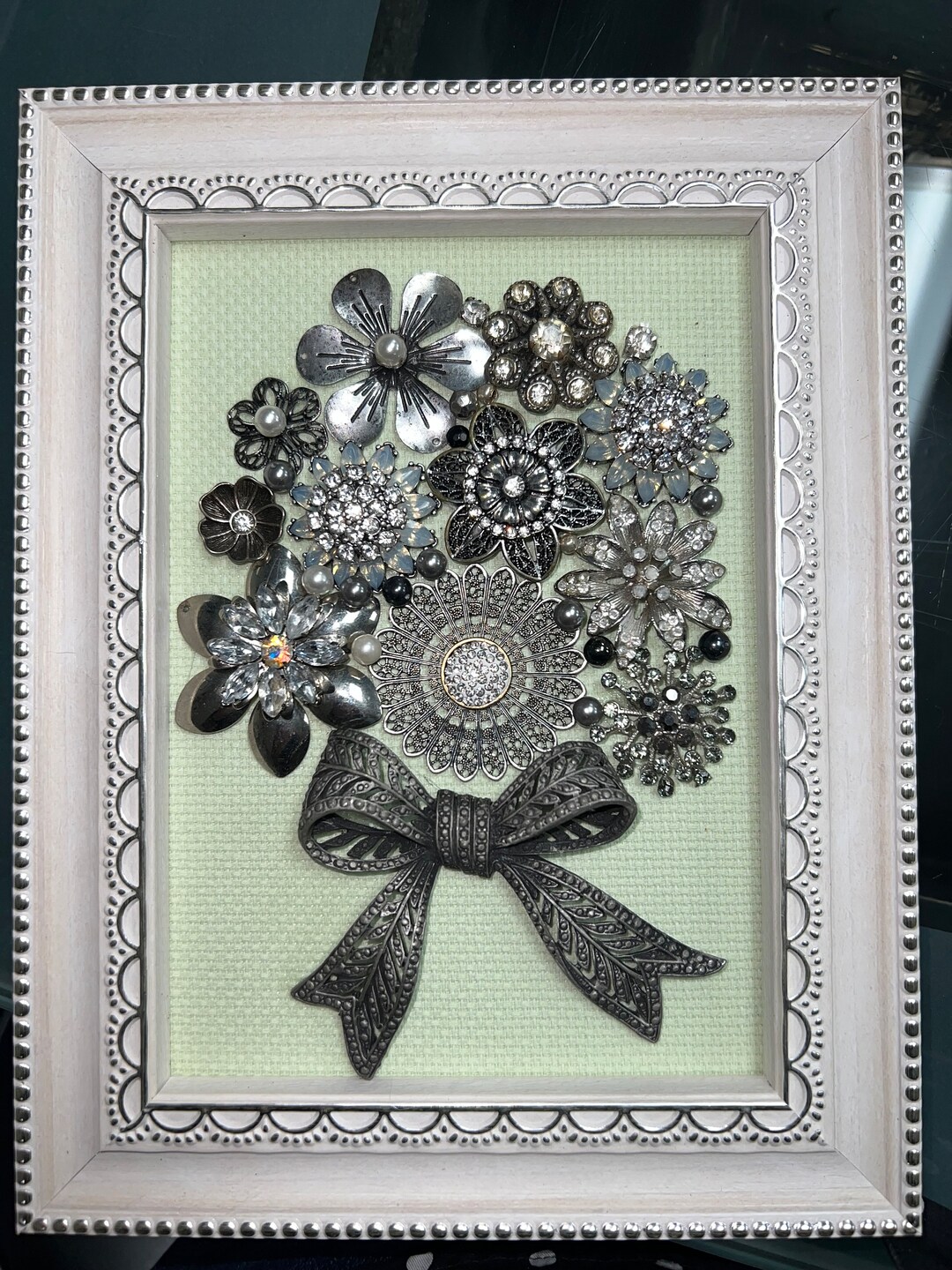 Silver, Rhinestones, Floral, Flower, Bouquet, Jewelry, Vintage, Frame