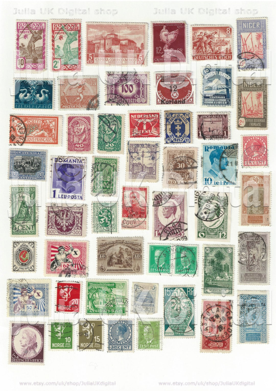 コレクション ANTIQUE STAMPS/POSTCARDS Vintage Postage Stamp Digital Download - Set of 51 Antique
