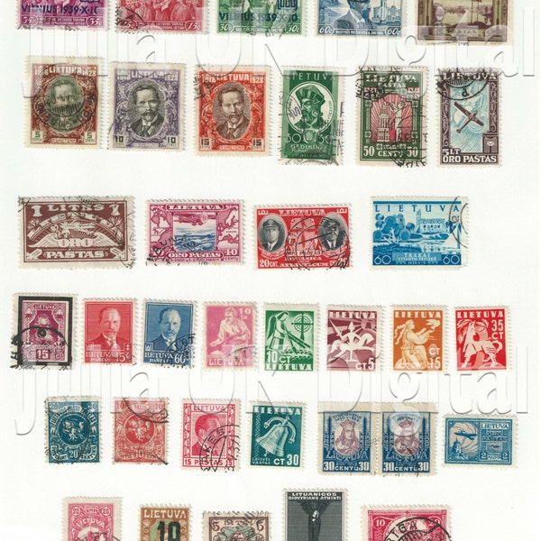 35 old Lithuanian Postage Stamps - Digital scan - Instant Download for hang tags, charms, collage, journals, jewelry