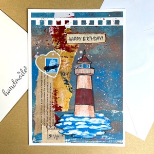 Happy Birthday / Handmade Greeting Card with lighthouse / Greetings Card / Blank Inside