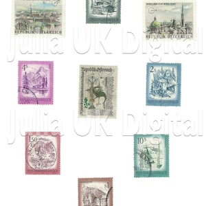 9 österreichische Briefmarken - Digital Scan - Instant Download für hängen Markierungen, Charme, Collage, Zeitschriften, Schmuck