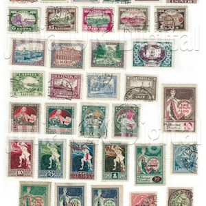 35 oude Letse Postzegels - Digitale scan - Instant Download voor hang tags, charms, collage, tijdschriften, sieraden