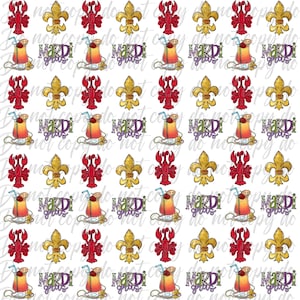 May include: A repeating pattern of Mardi Gras themed images. The design includes red crawfish, gold fleur-de-lis, cocktails with straws, and the words "Mardi Gras" in a decorative font, all on a white background.