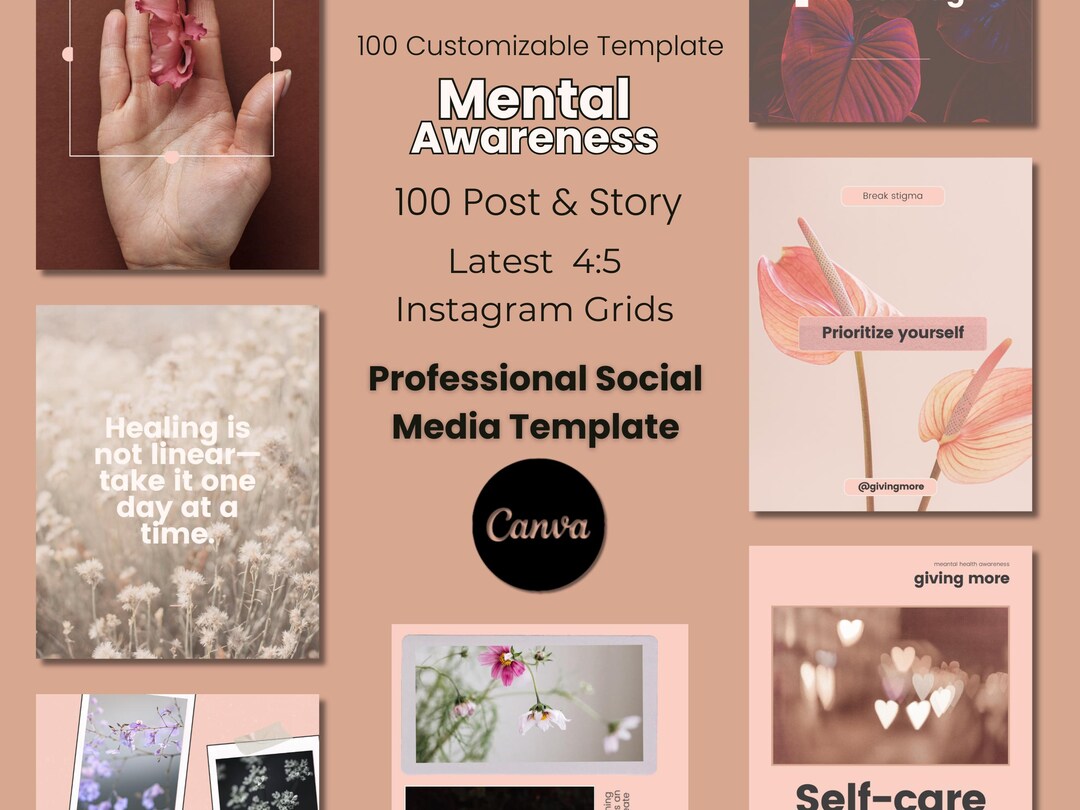 100 Mental Awareness Canva Template Pink Digital Instagram Post Peach ...