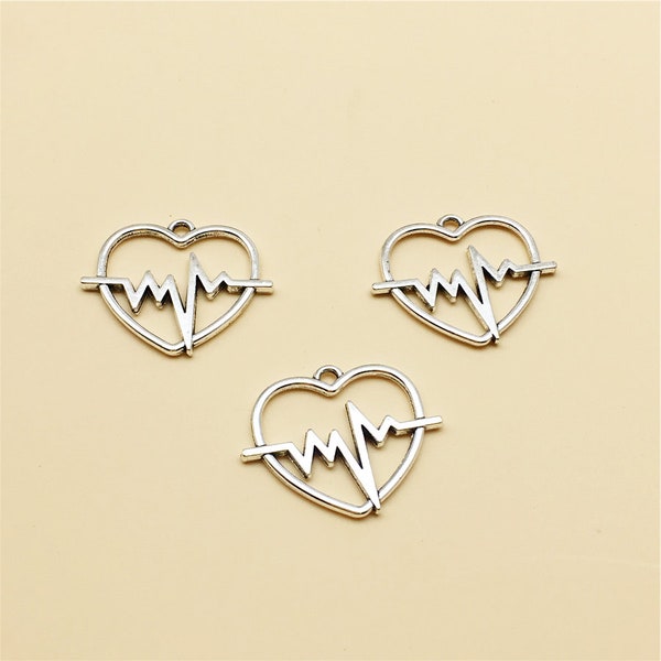 40Pcs Antique Silver EKG Heartbeat Charms,Heart Charms ,Double Sided Charms ,Beading Jewelry Finding