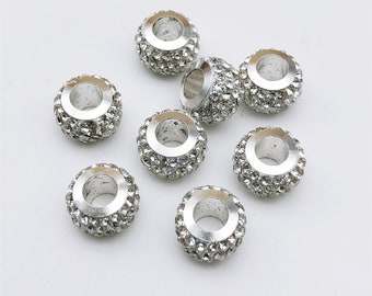 30 pcs Clear Rhinestone Beads, Large Hole Beads,  Silver Rondelle Spacer ,Crystal Spacer Beads