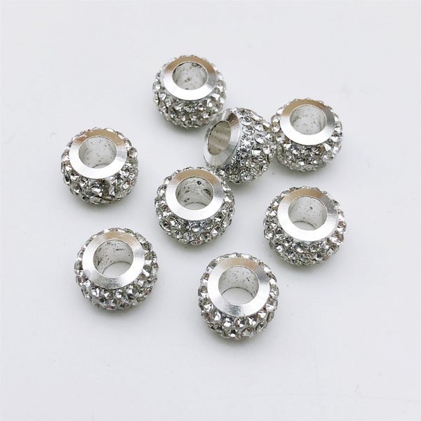 30 pcs Perles de strass claires, perles de grand trou, espaceur rondelle argent, perles d’espacement en cristal