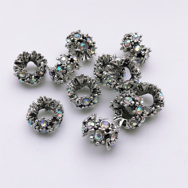 30pcs Antique Silver Rhinestone Beads, Large Hole Beads,   Rhinestone Rondelle Spacer ,Crystal Spacer Beads