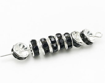 Bulk 200 Silver Plated Rhinestone Spacer Beads 6mm 8mm 10mm Black Rondelle Spacer Beads