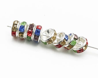 Bulk 200 Silver Plated Rhinestone Spacer Beads 6mm 8mm 10mm Mixed Color Rondelle Spacer Beads