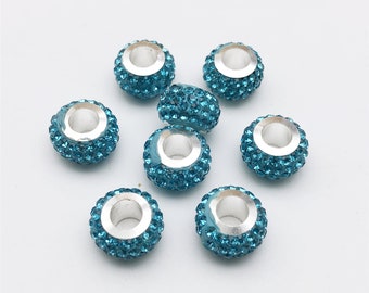 30 pcs Light Blue Rhinestone Beads, Large Hole Beads,  Silver Rondelle Spacer ,Crystal Spacer Beads
