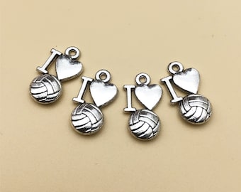 60pcs Antique Silver Volleyball Charms ,  Volleyball Pendants ,Sport Charms , I Love Volleyball ,Ball charms ,Charms Bracelet