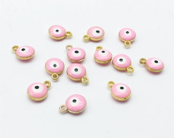 50 Pcs 10mm Gold Evil Eye Charms ,Pink Evil Eye ,Double Sided Evil Eye ,Turkish Eye, Findings , Supplies
