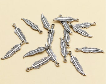 60pcs Antique Silver Feather Charms, Alloy Feather Charm,Feather Pendants,Wholesale Charms