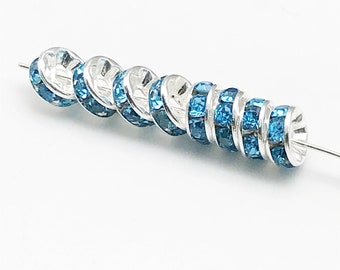 Bulk 200 Silver Plated Rhinestone Spacer Beads 6mm 8mm 10mm Blue Rondelle Spacer Beads