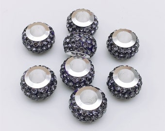 30 pcs Purple Rhinestone Beads, Large Hole Beads, Silver Rondelle Spacer ,Crystal Spacer Beads