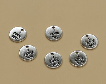 50 Pcs Antique silver "I Love you " Charms, Love Charms , Double Sided Charm ,Wholesale Charms, Findings