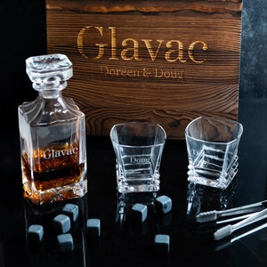 Personalized Engraved Decanter Full Set with Wood Box, Glasses, and Whiskey Stones