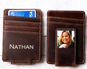 Photo Leather Money Clip Magnetic Closure With Optional Monogram, Name, or Message