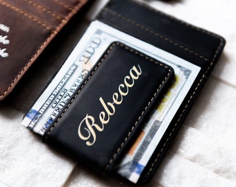 Photo Leather Money Clip Magnetic Closure With Optional Monogram, Name, or Message