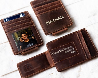 Photo Leather Money Clip Magnetic Closure With Optional Monogram, Name, or Message