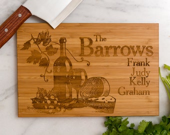 Personalized, Engraved Wine, Grapes and Cheese Cutting Board by Left Coast Original Design #124