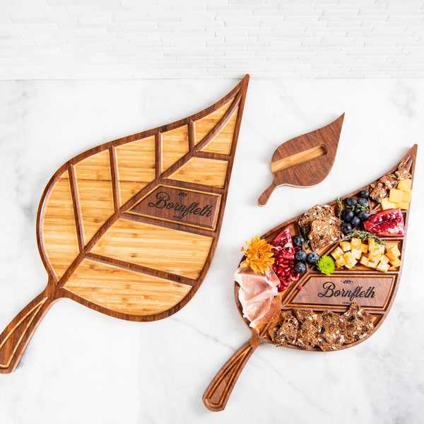 Personalized Leaf Plank Charcuterie Serving Tray | 2 Sizes Gift Sets Available