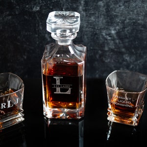 Personalized Engraved Decanter Full Set with Wood Box, Glasses, and Whiskey Stones