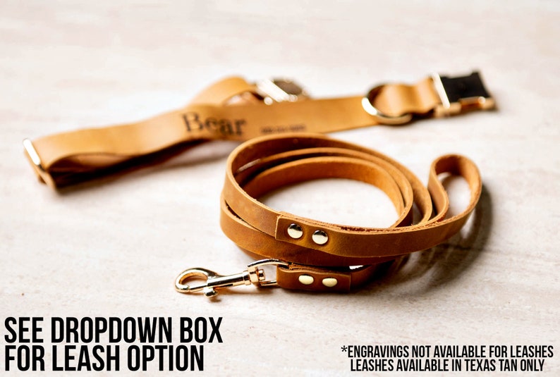 Pode incluir: Um colar de cachorro de couro marrom com uma fivela dourada e o nome "Bear" gravado nele. Tamb&eacute;m &eacute; mostrado uma coleira de couro marrom combinando com ferragens douradas. O texto "SEE DROPDOWN BOX FOR LEASH OPTION" &eacute; vis&iacute;vel na parte inferior da imagem. O texto "*ENGRAVINGS NOT AVAILABLE FOR LEASHES LEASHES AVAILABLE IN TEXAS TAN ONLY" &eacute; vis&iacute;vel na parte inferior direita da imagem.