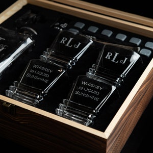 Personalized Engraved Decanter Full Set with Wood Box, Glasses, and Whiskey Stones