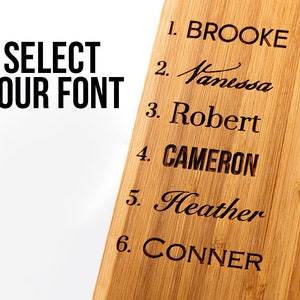 May include: A wooden cutting board with six different font styles for names, including "Brooke", "Vanessa", "Robert", "Cameron", "Heather", and "Conner".