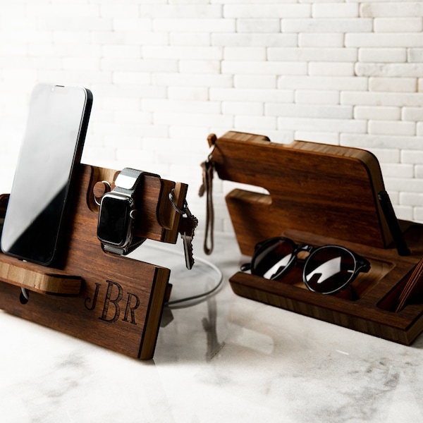 Personalized Wood Desktop Valet For Him - Docking Station